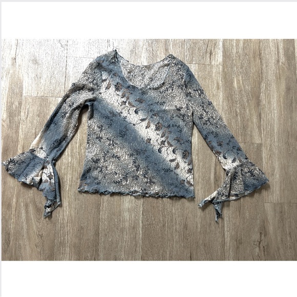 Sheer Lace Blouse, Floral Mesh, Bell Sleeve, Blue Grey & Brown Romantic Vintage - Picture 14 of 15